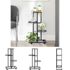 Plantestativer^The Living Store blomsterstativ 4 niveauer med hjul 44x23x80 cm jern sort - Planteborde