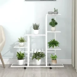 The Living Store blomsterstativ med hjul 94,5x25x92,5 cm metal hvid - Planteborde Plantestativer