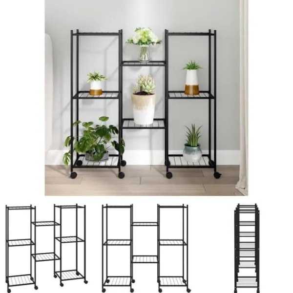 New The Living Store blomsterstativ med hjul 83x25x83,5 cm jern sort - Planteborde Plantestativer