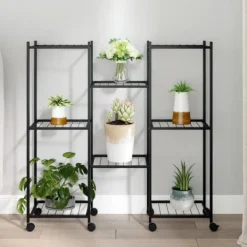 New The Living Store blomsterstativ med hjul 83x25x83,5 cm jern sort - Planteborde Plantestativer