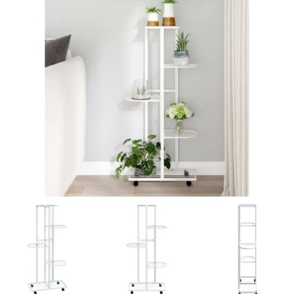 Best The Living Store blomsterstativ 5 niveauer med hjul 44x23x100 cm jern hvid - Planteborde Plantestativer