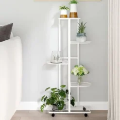 Best The Living Store blomsterstativ 5 niveauer med hjul 44x23x100 cm jern hvid - Planteborde Plantestativer