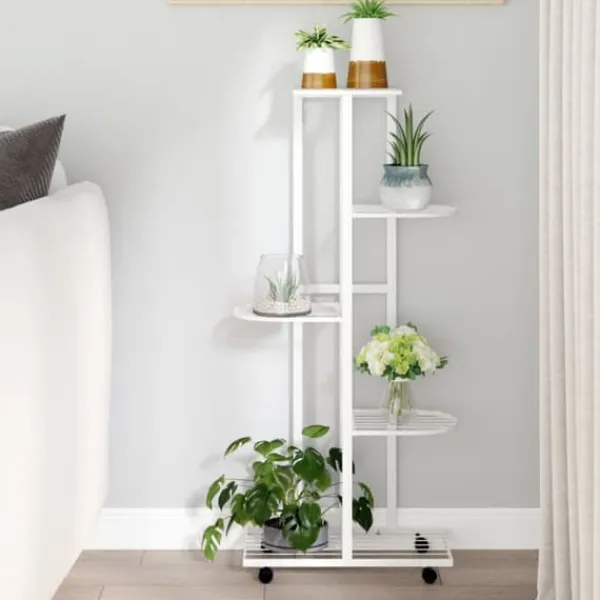 Best The Living Store blomsterstativ 5 niveauer med hjul 44x23x100 cm jern hvid - Planteborde Plantestativer