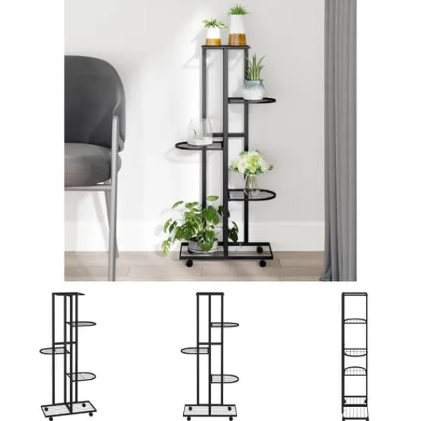 Plantestativer^The Living Store blomsterstativ 5 niveauer med hjul 44x23x100 cm jern sort - Planteborde