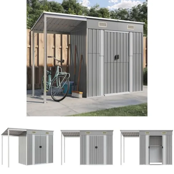 Discount The Living Store haveskur med udvidet tag 277x110,5x181 cm stål lysegrå - Skure & Redskabsskure Skure, Garager & Carports