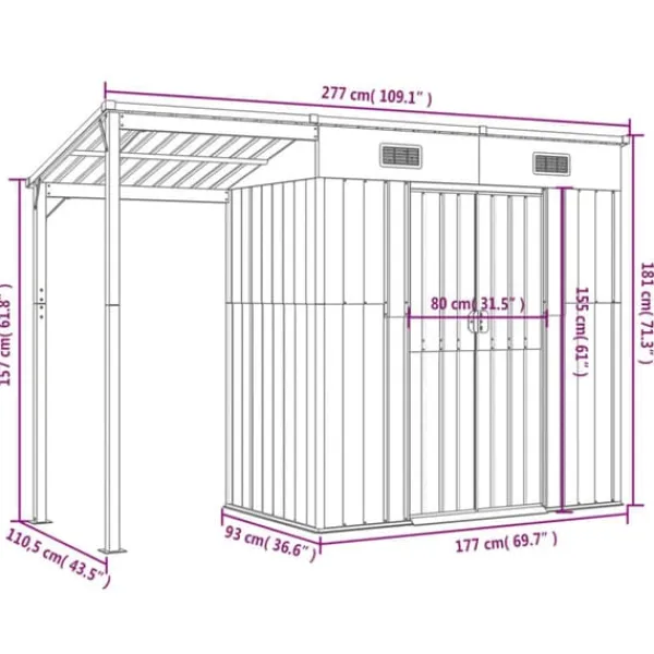 Discount The Living Store haveskur med udvidet tag 277x110,5x181 cm stål lysegrå - Skure & Redskabsskure Skure, Garager & Carports