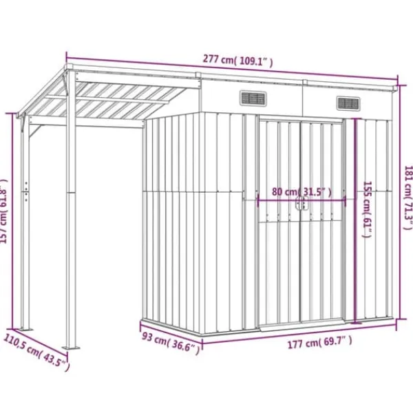 Discount The Living Store haveskur med udvidet tag 277x110,5x181 cm stål antracitgrå - Skure & Redskabsskure Skure, Garager & Carports