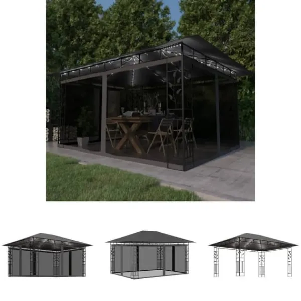 Telte & Lysthuse^The Living Store pavillon med myggenet og LED-lyskæder 4x3x2,73 m antracitgrå - Festtelte & havepavilloner