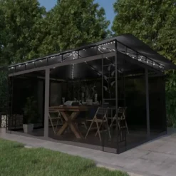 Telte & Lysthuse^The Living Store pavillon med myggenet og LED-lyskæder 4x3x2,73 m antracitgrå - Festtelte & havepavilloner