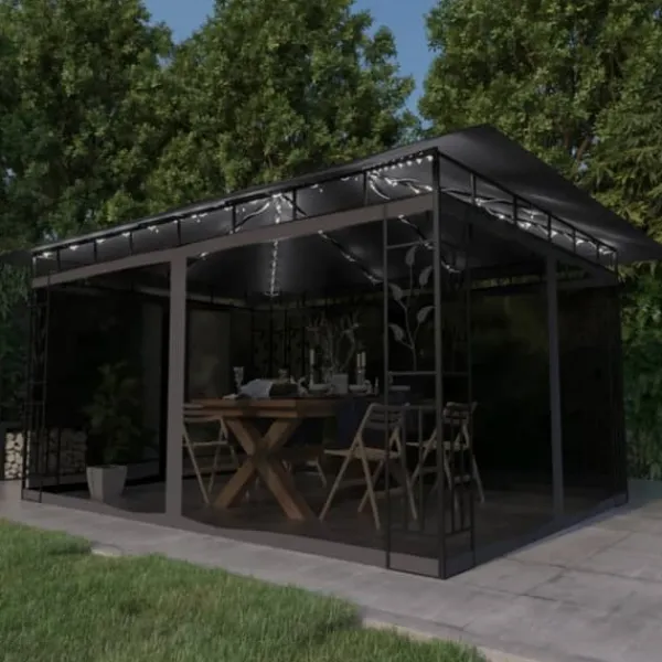 Telte & Lysthuse^The Living Store pavillon med myggenet og LED-lyskæder 4x3x2,73 m antracitgrå - Festtelte & havepavilloner