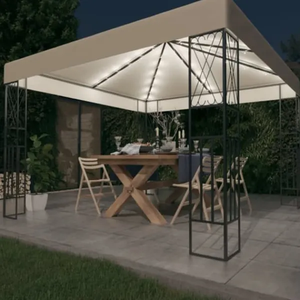 Telte & Lysthuse^The Living Store pavillon med LED-lyskæder 3x3 m stof cremefarvet - Festtelte & havepavilloner