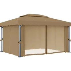 Telte & Lysthuse^The Living Store pavillon med gardin 4x3 m aluminium gråbrun - Festtelte & havepavilloner