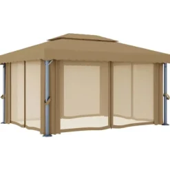 Telte & Lysthuse^The Living Store pavillon med gardin 4x3 m aluminium gråbrun - Festtelte & havepavilloner