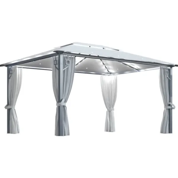 Sale The Living Store pavillon med gardin + LED-lyskæder 400x300 cm aluminium creme - Festtelte & havepavilloner Telte & Lysthuse