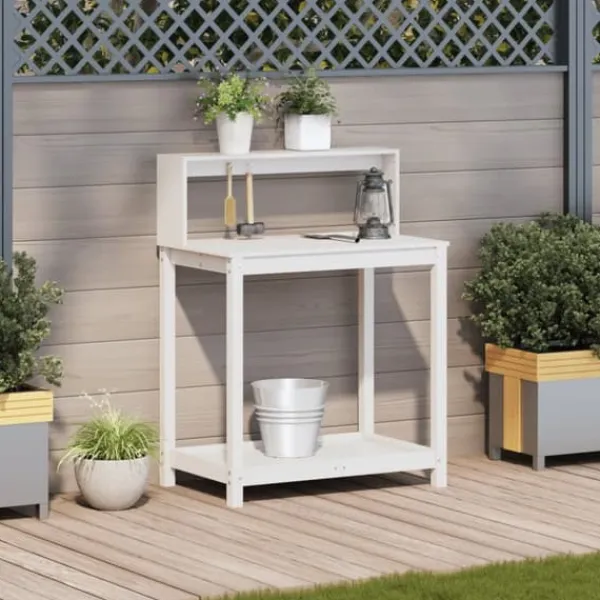 Hot The Living Store plantebord med hylder 82,5x50x109,5 cm massivt fyrretræ hvid - Planteborde Plantningsbænke