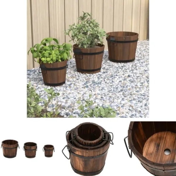 The Living Store plantekrukker 3 stk. spand massivt fyrretræ - Plantekrukker Krukker & Plantebeholdere