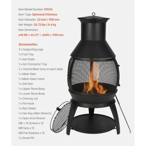 Clearance 22-tommer Chiminea, Udendørs Jernpejs, med Grillnet & Skorsteensfrakke Pejse