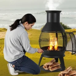 Clearance 22-tommer Chiminea, Udendørs Jernpejs, med Grillnet & Skorsteensfrakke Pejse