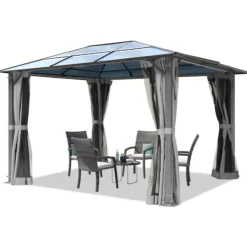 Telte & Lysthuse^TOOLPORT Havepavillon 3x3,65 m tag af polycarbonat ca. 6 mm - Hardtop pavillon inkl. 4 sidegardiner & 4 myggenet grå