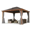 Telte & Lysthuse^TOOLPORT Havepavillon 4x4 m træ-look Hardtop ståltag 4 sidegardiner grå