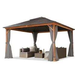 Telte & Lysthuse^TOOLPORT Havepavillon 4x4 m træ-look Hardtop ståltag 4 sidegardiner grå