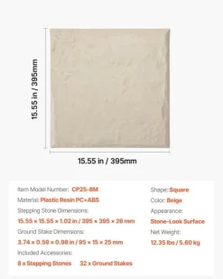Havesten & Trædesten^Trædesten til have - Plastikfliser til gangsti - Sæt med 8 - 39,5 x 39,5 cm - Med jordspyd - Vejrbestandige - Til græsplæne/terrasse - Beige