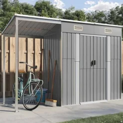 Clearance Trädgårdsbod i galvaniserat stål med förlängt tak | Färg: Ljusgrå | Storlek: 277x107x181 cm Skure, Garager & Carports