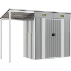 Clearance Trädgårdsbod i galvaniserat stål med förlängt tak | Färg: Ljusgrå | Storlek: 277x107x181 cm Skure, Garager & Carports