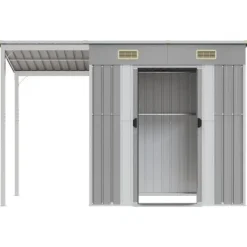 Clearance Trädgårdsbod i galvaniserat stål med förlängt tak | Färg: Ljusgrå | Storlek: 277x107x181 cm Skure, Garager & Carports