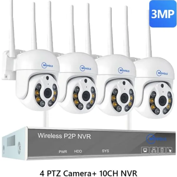 Sikkerhedsmonitorer & Videokameraer^Trådløst CCTV-system, AI-detektion, To-vejs lyd,10CH 3MP Med 4 PTZ, 1T