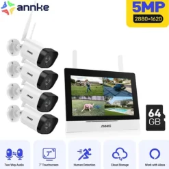 Sikkerhedsmonitorer & Videokameraer^Trådløst CCTV-system, 7-tommer berøringsskærm, tovejskommunikation,5MP 4PCS Kamera 64G