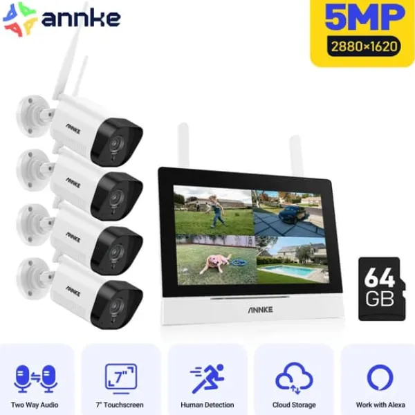Sikkerhedsmonitorer & Videokameraer^Trådløst CCTV-system, 7-tommer berøringsskærm, tovejskommunikation,5MP 4PCS Kamera 64G