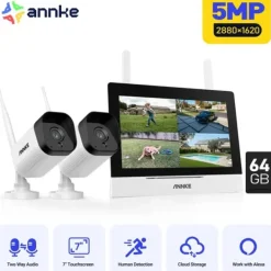 New Trådløst CCTV-system, 7-tommer berøringsskærm, tovejskommunikation,5MP 2PCS Kamera 64G Sikkerhedsmonitorer & Videokameraer
