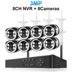 New Trådløst CCTV-system, To-vejs lyd, Vandtæt, 1T, 8CH NVR 8 stk Cam 3MP Sikkerhedsmonitorer & Videokameraer