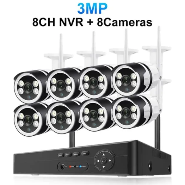 New Trådløst CCTV-system, To-vejs lyd, Vandtæt, 1T, 8CH NVR 8 stk Cam 3MP Sikkerhedsmonitorer & Videokameraer