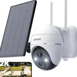 Sikkerhedsmonitorer & Videokameraer^Trådløst sikkerhedskamera, 2MP, 130° synsvinkel, 360° bevægelsesområde, nattevisionsområde 15m, solcelledrevet