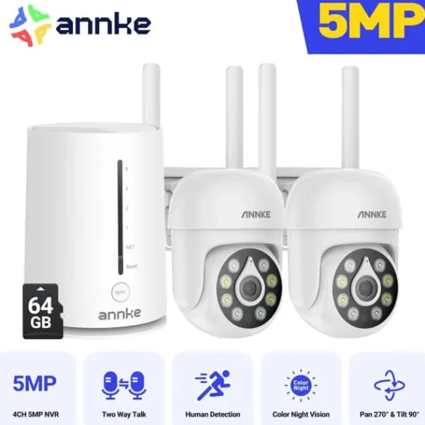 New Trådløst Sikkerhedskamera, 5MP Opløsning, Nattesynsfunktion,I51CP 2Pcs med 64G Sikkerhedsmonitorer & Videokameraer