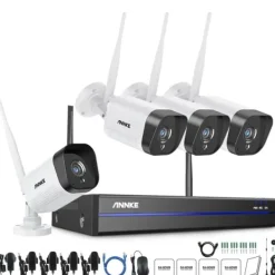 Online Trådløst Sikkerhedskamerasystem, 3MP Video, 100ft Natvision,4 kameraer, 1T Sikkerhedsmonitorer & Videokameraer