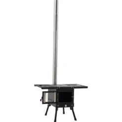 Brændeovne^Udendørs campingovn - Træ- og kulkomfur - Røgaftræk med skorsten - Foldbar 31,5×22×21 cm - Kulstål & rustfrit stål - Vægt 8 kg - Sort