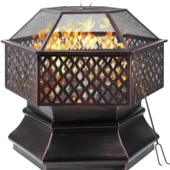Clearance Udendørs Hexagonal Havegrill, Kulgrill, Brandsikker Stål med Gitterdæksel Pejse
