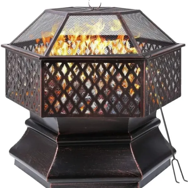 Clearance Udendørs Hexagonal Havegrill, Kulgrill, Brandsikker Stål med Gitterdæksel Pejse