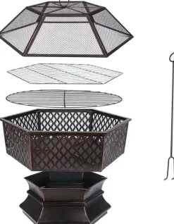 Clearance Udendørs Hexagonal Havegrill, Kulgrill, Brandsikker Stål med Gitterdæksel Pejse