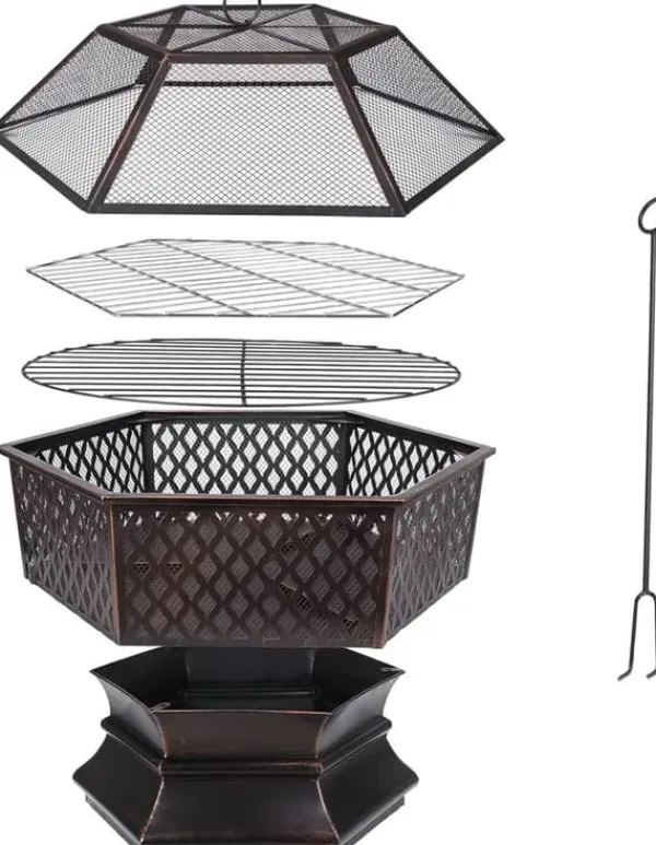Clearance Udendørs Hexagonal Havegrill, Kulgrill, Brandsikker Stål med Gitterdæksel Pejse