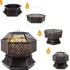 Clearance Udendørs Hexagonal Havegrill, Kulgrill, Brandsikker Stål med Gitterdæksel Pejse