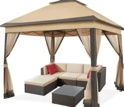 Best Udendørs pavillon 3.3 x 3.3 m, Pop-up gazebo, Lysegrå, 4 aftagelige myggenet, UV- og regntæt, Dobbelt tag, sammenklappelig Telte & Lysthuse
