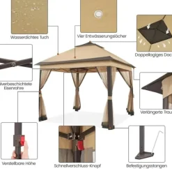 Best Udendørs pavillon 3.3 x 3.3 m, Pop-up gazebo, Lysegrå, 4 aftagelige myggenet, UV- og regntæt, Dobbelt tag, sammenklappelig Telte & Lysthuse