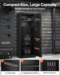 New Våbenskab - Riffelskab 6-8 Våben - Til Rifler og Pistoler - Hurtig Adgang - Ammunitionsrum (3) - Justerbare Stativer (2) - Digital Kodelås og Nøgle Pengeskabe