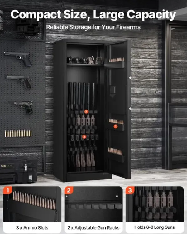 New Våbenskab - Riffelskab 6-8 Våben - Til Rifler og Pistoler - Hurtig Adgang - Ammunitionsrum (3) - Justerbare Stativer (2) - Digital Kodelås og Nøgle Pengeskabe
