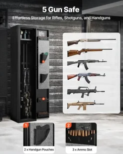 Pengeskabe^Våbenskab - Riffelskab med Fingeraftryk - Brandsikkert Koldvalset Stål - Biometrisk Kodelås - Justerbare Hylder - Til Rifler og Pistoler