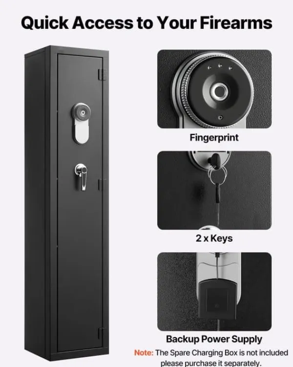 Pengeskabe^Våbenskab - Riffelskab med Fingeraftryk - Brandsikkert Koldvalset Stål - Biometrisk Kodelås - Justerbare Hylder - Til Rifler og Pistoler